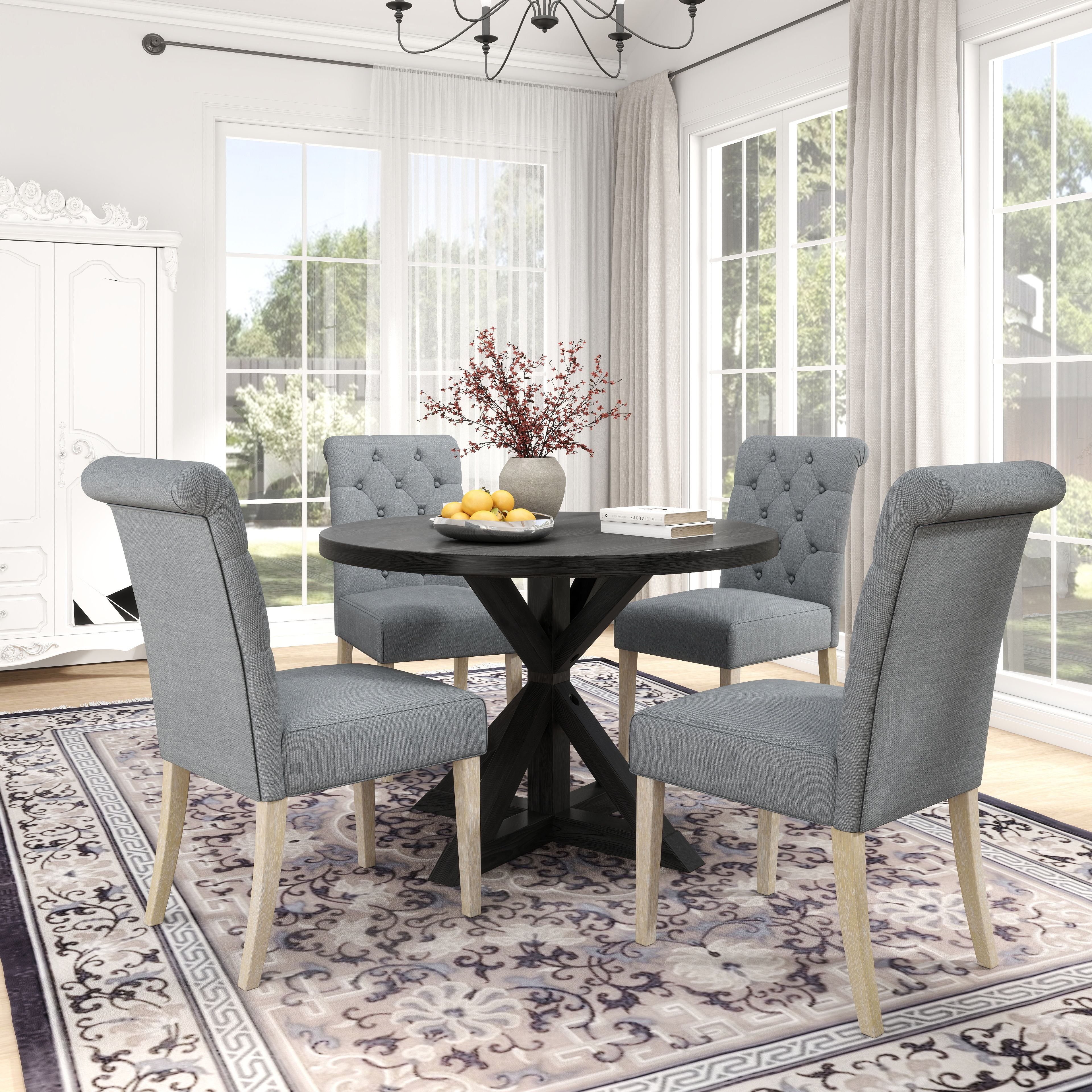 Banff 5-piece Dining Set, Cross-Buck Round Table with 4 Tufted Chairs, Gray Banff 5-piece Dining Set, Cross-Buck Round Table with 4 Tufted Chairs, Gray